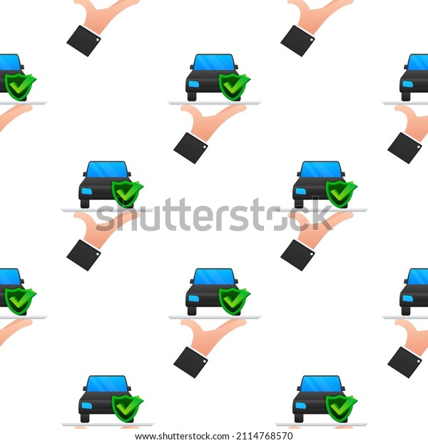 Car insurance\
contract document over hands pattern. Shield icon. Protection.\
Vector stock illustration.