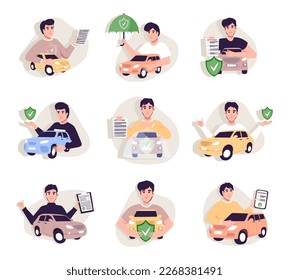 Car insurance coverage concept. Automobile protection, security, safety set. People protecting car with insurance and signing form with red auto.