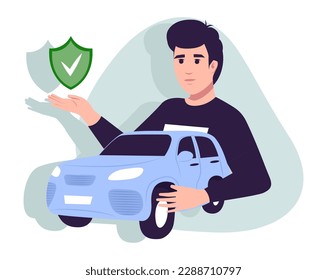 Car insurance coverage concept. Automobile protection, security, safety set. People protecting car with insurance and signing form with red auto.