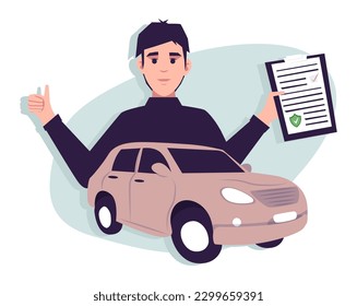 Car insurance coverage concept. Automobile protection, security, safety set. People protecting car with insurance and signing form with red auto.