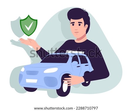 Car insurance coverage concept. Automobile protection, security, safety set. People protecting car with insurance and signing form with red auto.