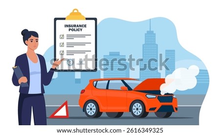 Car insurance coverage concept. Damaged vehicle, insurance police, insurance agent character. Car breakdown on the road. Automobile protection, security, safety.