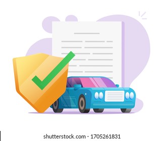 Car Insurance Coverage Protection Contract Document With Shield Or Auto Vehicle Guarantee Assurance Legal Doc Policy Vector Flat Illustration, Automobile Warranty Safety Agreement Modern Design