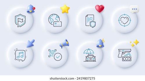 Seguro de coche, seguridad de datos e iconos de línea de pago de Internet. Botones con timbre 3d, discurso de chat, cursor. Paquete de nota musical, Robo, icono Escudo. Código Qr, pictograma objetivo del corazón. Vector