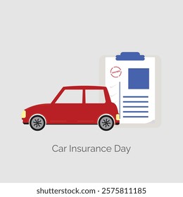 Car Insurance Day is held every February 1. Vehicles. Red car with insurance policy paper design concept. Vector, illustration.