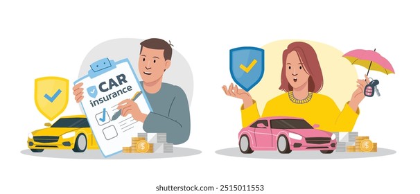 Car Insurance Decision Concept illustrate with car owner that is confident to insurance service, safety and accident protection. Flat cartoon vector illustration