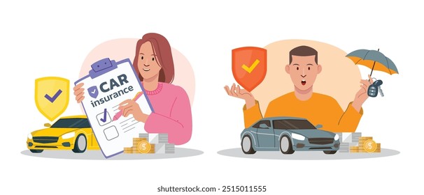 Car Insurance Decision Concept illustrate with car owner that is confident to insurance service, safety and accident protection. Flat cartoon vector illustration