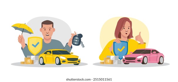 Car Insurance Decision Concept illustrate with car owner that is confident to insurance service, safety and accident protection. Flat cartoon vector illustration