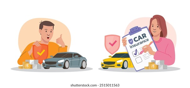 Car Insurance Decision Concept illustrate with car owner that is confident to insurance service, safety and accident protection. Flat cartoon vector illustration