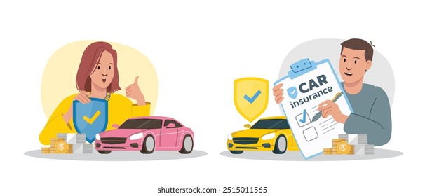 Car Insurance Decision Concept illustrate with car owner that is confident to insurance service, safety and accident protection. Flat cartoon vector illustration