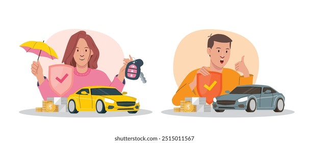 Car Insurance Decision Concept illustrate with car owner that is confident to insurance service, safety and accident protection. Flat cartoon vector illustration