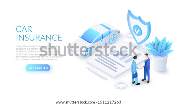 Car\
insurance design concept with car, shield and contract. Isometric\
vector illustration. Landing page template for\
web.