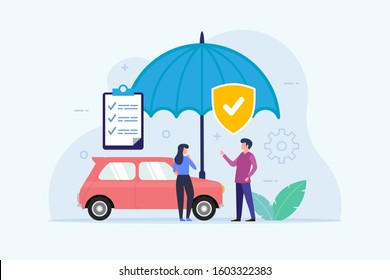 Car Insurance Design Concept With Umbrella Protection Flat Vector Illustration