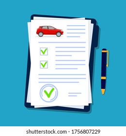 Car insurance document in flat style. Licence vehicle checklist in folder. Security agreement for automobile company. Transport report form with checkmark. Finance contract of auto. vector