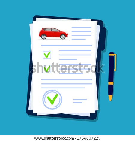 Car insurance document in flat style. Licence vehicle checklist in folder. Security agreement for automobile company. Transport report form with checkmark. Finance contract of auto. vector