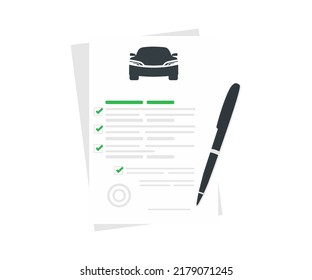 Documento de seguro de automóvil, informe. Contrato de seguro de coche. Lista de verificación de acuerdos en papel o marcas de verificación de préstamos lista de formularios aprobados con icono del automóvil, diseño de vectores financieros del vehículo e ilustración