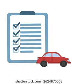 Documento de seguro automóvel, relatório. Lista de verificação de contrato em papel ou lista de formulários de marcas de verificação de empréstimo aprovada com ícone de automóvel, veículo financeiro, carro concessionária legal