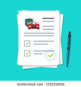 Car insurance document report vector illustration, flat cartoon paper agreement checklist or loan checkmarks form list approved with automobile under umbrella icon, vehicle financial or legal deal