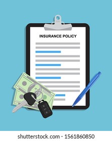 Car insurance document report vector illustration, flat cartoon paper agreement checklist or loan checkmarks vehicle financial or legal deal. vector illustration