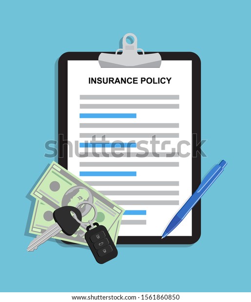 Car insurance document report\
vector illustration, flat cartoon paper agreement checklist or loan\
checkmarks vehicle financial or legal deal. vector\
illustration