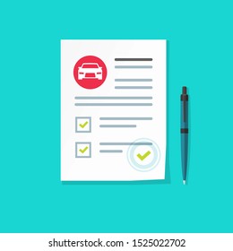 Car insurance document vector illustration, flat cartoon paper agreement checklist or loan form list approved with automobile icon, vehicle financial or legal deal blank, vehicle rent document idea