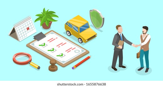 Car Insurance Flat Isometric Vector Concept. Insurance Company Agent is Shaking Hand to the Client beside the Policy and Other Attributes.