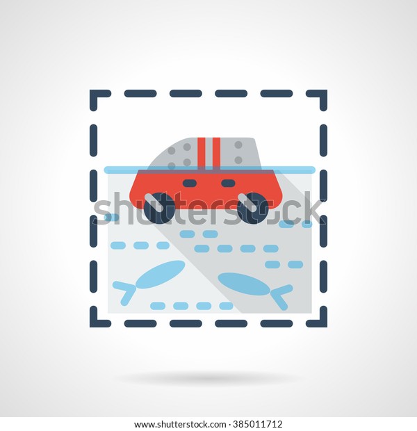 Car insurance from the flood. Red\
automobile a side view in a flood with fish.  Flat color style\
vector icon. Single design element for website,\
business.