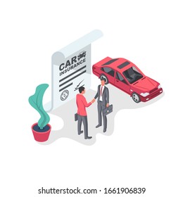 Car insurance form. Businessmen sign an insurance form. Shaking hands on a deal. Legal document auto insurance. Vector illustration 3d isometric design. Isolated on white background.
