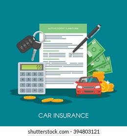 Car Insurance Form Concept Vector Illustration. Auto Keys, Car, Calculator And Money.