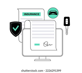 Car insurance form online. Automobile protection, safety drive. Digital agreement, purchase insurance plan on the internet on computer. Automobile protection, financial coverage vector illustration