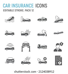 Car Insurance Glyph Icon Set, Car Accident Collection, Vector Graphics, Logo Illustrations, Car Insurance Vector Icons, Car Crash Signs, Solid Pictograms, Editable Stroke