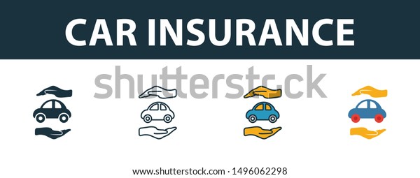 Car Insurance icon set. Four\
elements in diferent styles from insurance icons collection.\
Creative car insurance icons filled, outline, colored and flat\
symbols.