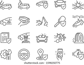 Car insurance icon set. Included icons as emergency, risk management, protection, accident, Side Collision, Front Collision, Broken Car and more.