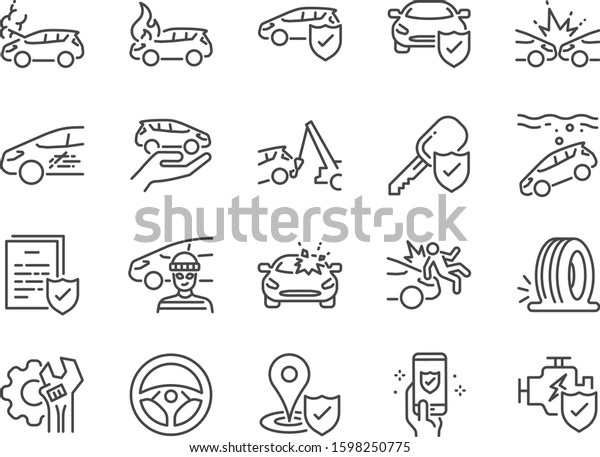 Car insurance icon set. Included icons as\
emergency, risk management, protection, accident, Side Collision,\
Front Collision, Broken Car and\
more.