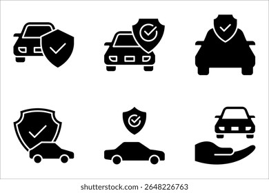 Conjunto de ícone de seguro de carro. proteção de carro, cuidado e segurança para o automóvel, carro com ícone de escudo, ilustração vetorial no fundo branco