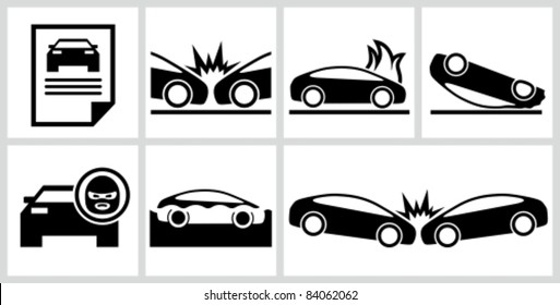 Car insurance icons set. All white areas are cut away from icons and black areas merged.