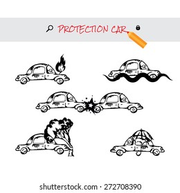 Car insurance icons set. Protection car image in doodle style. Monochromatic image on white background. Cartoon cars. Different situations of car crash. Car insurance