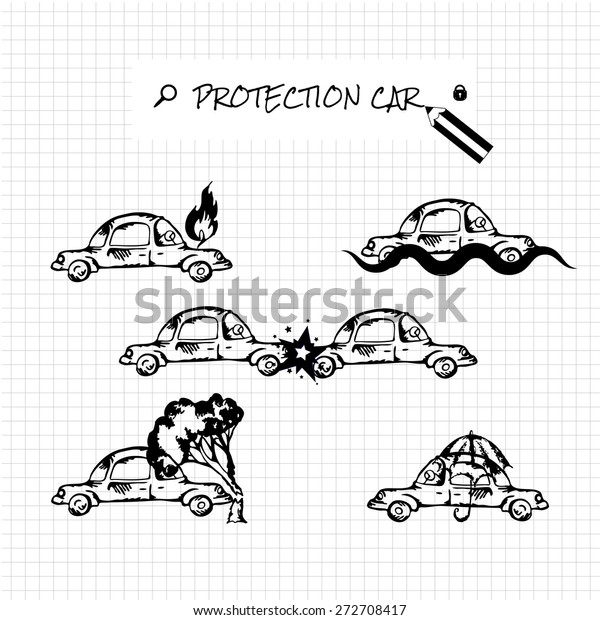 Car insurance icons set.\
Protection car illustration in doodle style. Monochromatic image.\
Cartoon cars. Different situations of car crash. Car insurance. Eps\
8