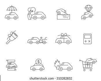 Car insurance icons in thin outlines. Accidents, new car, claims