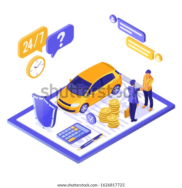 Car Insurance\
Isometric Concept for Poster, Web Site, Advertising with Car\
Insurance Policy, calculator, people handshake, money and shield.\
isolated vector\
illustration