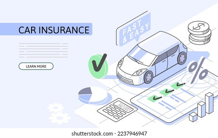Car Insurance Isometric Concept. Use for web banner, infographics. Flat illustration editable line.