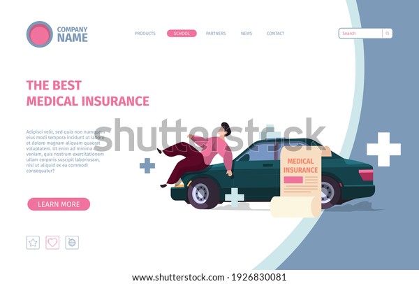Car insurance landing. Accident with automobiles\
safety auto garish vector web template with concept illustration\
and place for text