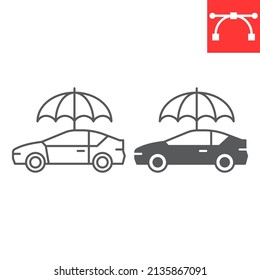 Car insurance line and glyph icon, protection and vehicle, car with umbrella vector icon, vector graphics, editable stroke outline sign, eps 10.