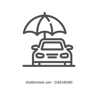 Car Insurance Line Icon. Risk Management Sign. Vehicle With Umbrella Symbol. Quality Design Element. Linear Style Car Insurance Icon. Editable Stroke. Vector