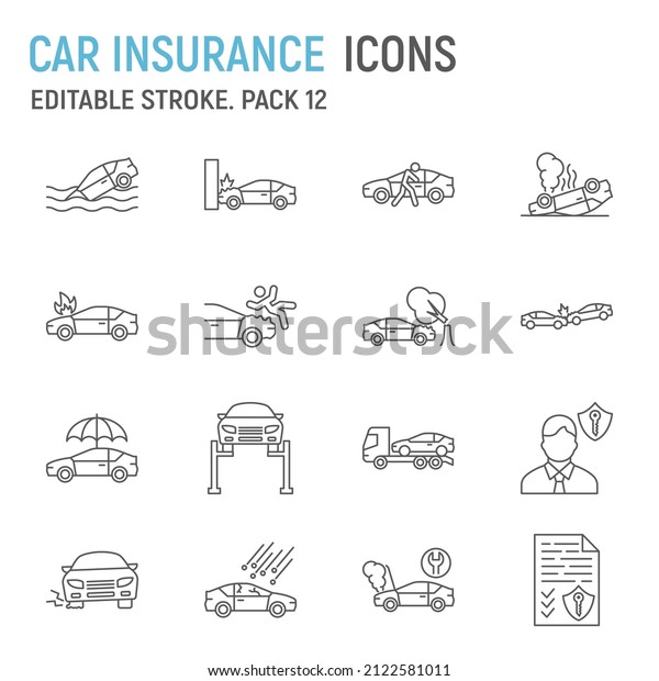 Car insurance line\
icon set, car accident collection, vector graphics, logo\
illustrations, car insurance vector icons, car crash signs, outline\
pictograms, editable\
stroke