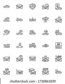 Car insurance line icons set. Auto accident linear style symbols collection, outline signs pack. vector graphics. Set includes icons as car towing truck, assurance certificate, disaster insurance