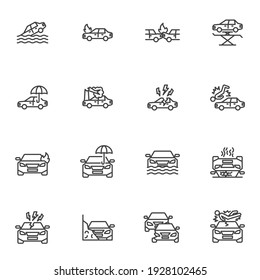 Juego de iconos de la línea de seguro del automóvil, colección de símbolos vectoriales del contorno del seguro automático, paquete de pictogramas de estilo lineal. Señales, ilustración del logotipo. El juego incluye iconos como accidente de coche, responsabilidad por lesiones corporales