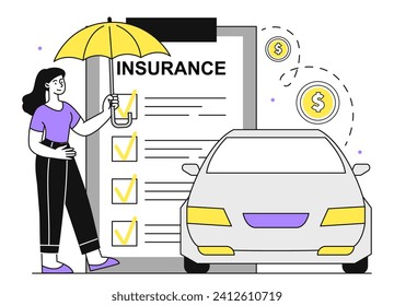 Car insurance linear concept. Woman under umbrella near document and automobile with golden coins. Financial deal and agreement. Doodle flat vector illustration isolated on white background