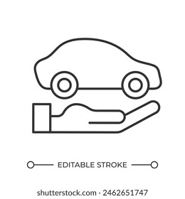 Car insurance linear icon. Hand holding car. Selling automobile. Car ownership. Commercial offer. Buying vehicle. Thin line illustration. Contour symbol. Vector outline drawing. Editable stroke