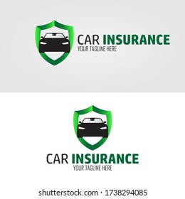 Car Insurance logo design, concept with silhouette car and green shield. Vector illustration.
